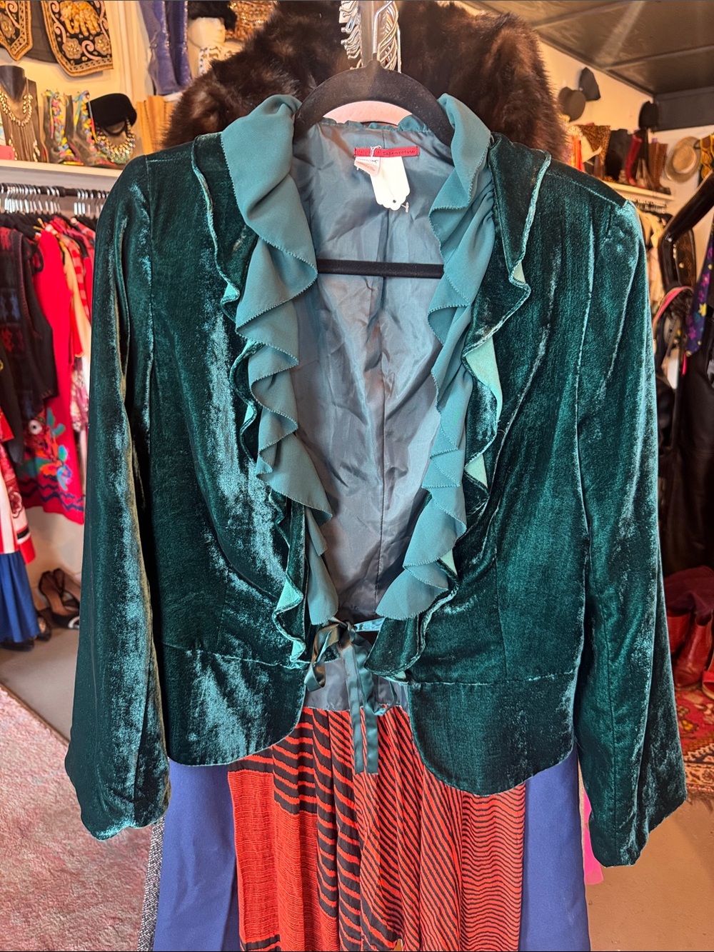 Velvet Ruffle Tie-Front Blazer in Emerald Green
